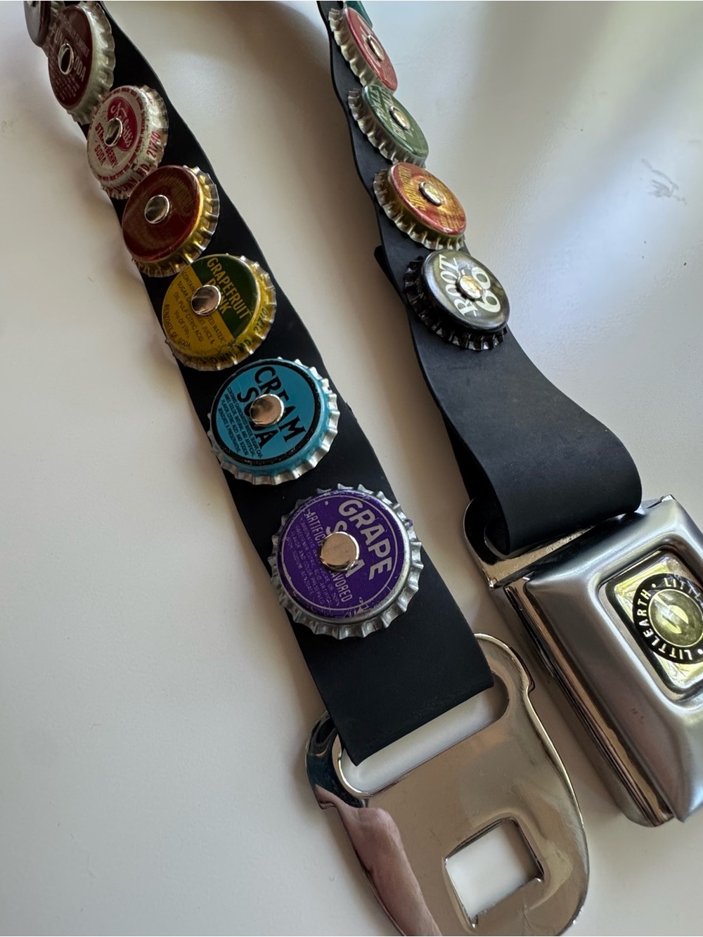 Vintage Y2K LittlEarth Black Seatbelt Belt with Soda Pop Caps Womens 28” S